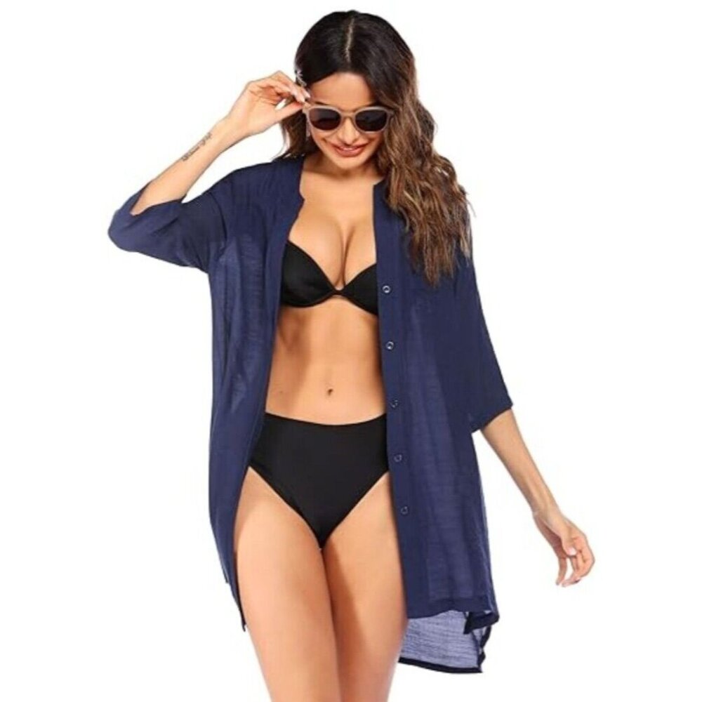 Ekouaer Swimsuit Cover Up Womens S Navy Blue Semi Sheer Beach Pool Button Up NWT - Picture 2 of 7